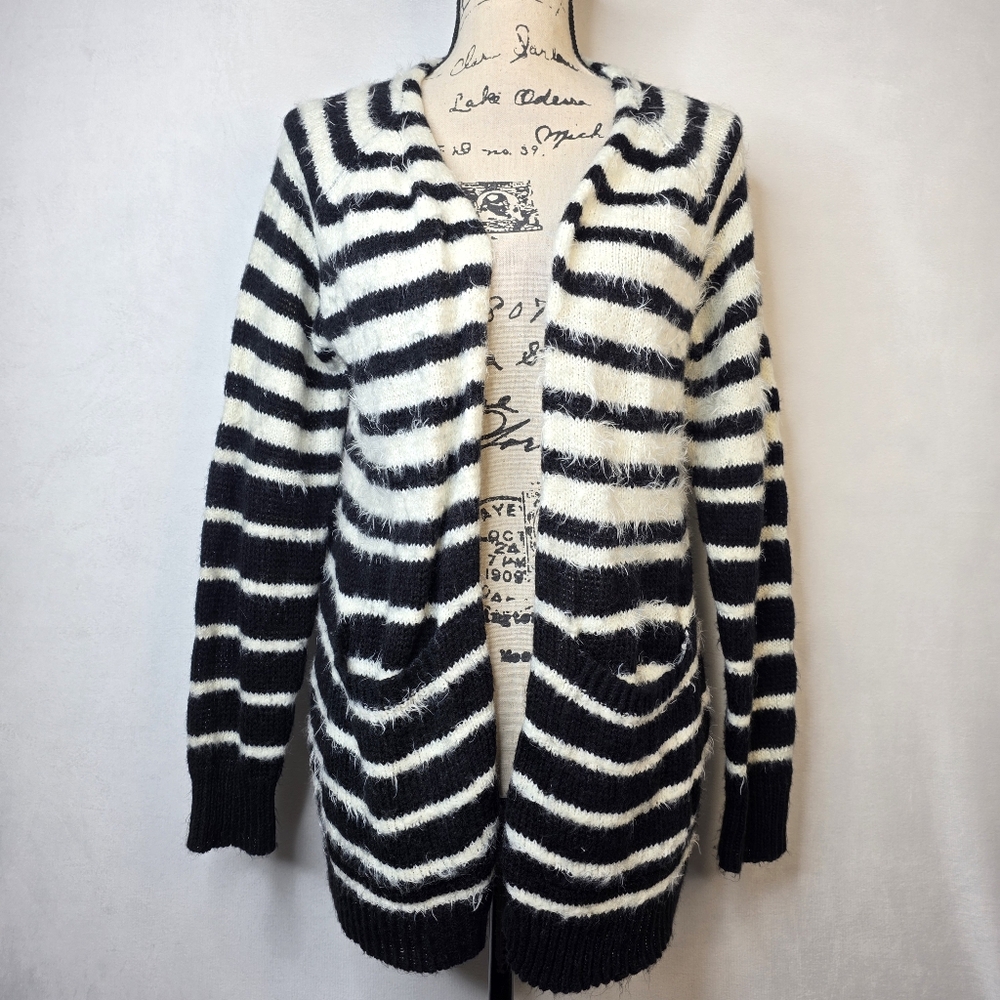 Jolt y2k black and white stripe fuzzy chunky cardigan sz L